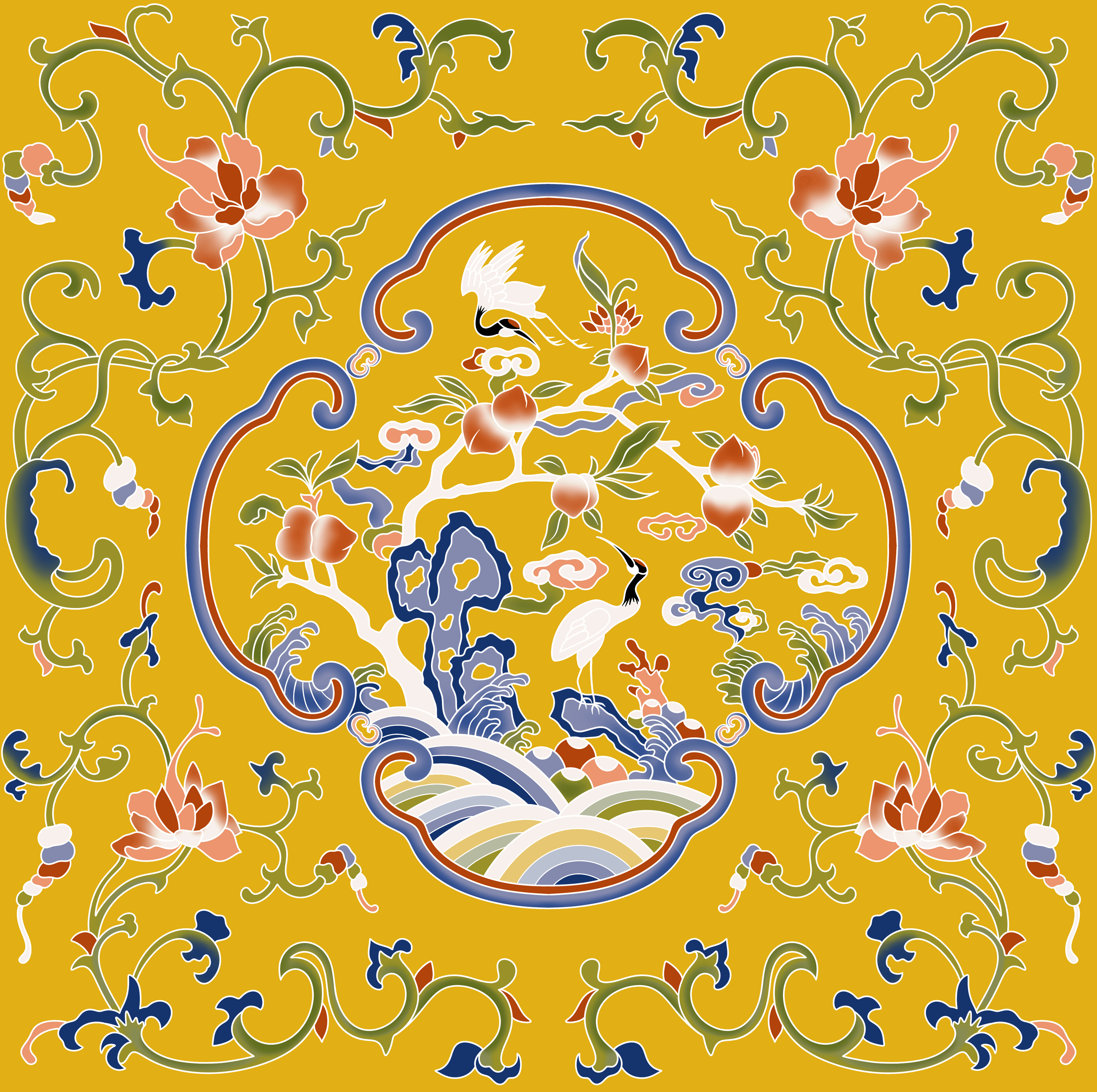 如意寿桃仙鹤纹